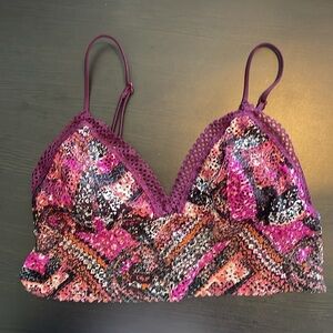 Victoria Secret Longline Lace Bralette Size M Adjustable Straps Pink Semi-Sheer
